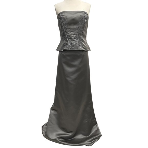 New Image Two-Piece Gray Corset Sweep Train Silk Womens Sz 10 Formal Dress Prom - Picture 1 of 16
